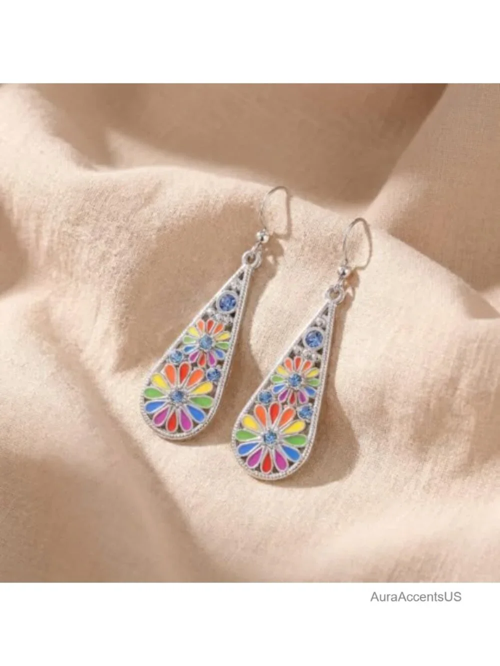 Bohemian Crystal Teardrop Pendant Dangle Earrings, Enamel Flower Hook Earrings,